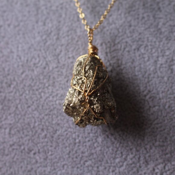 Raw Pyrite Wire-Wrapped Pendant Necklace - Picture 3 of 4